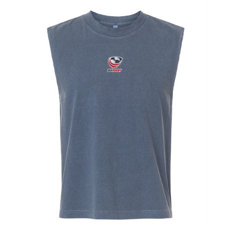 The EMB S&S Activewear USA Rugby Unisex Heavyweight Cotton Mid-Length Muscle Tee is a sleeveless shirt with a small chest logo, shown against a plain white background.