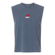 The EMB S&S Activewear USA Rugby Throwback Unisex Heavyweight Cotton Mid-Length Muscle Tee features a sleeveless blue design with "USA Rugby" and a red eagle logo on the chest, crafted for lasting comfort.