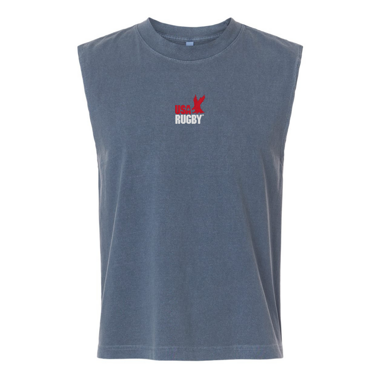 The EMB S&S Activewear USA Rugby Throwback Unisex Heavyweight Cotton Mid-Length Muscle Tee features a sleeveless blue design with "USA Rugby" and a red eagle logo on the chest, crafted for lasting comfort.
