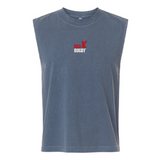 The EMB S&S Activewear USA Rugby Throwback Unisex Heavyweight Cotton Mid-Length Muscle Tee features a sleeveless blue design with "USA Rugby" and a red eagle logo on the chest, crafted for lasting comfort.