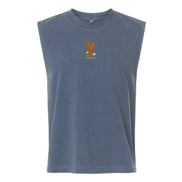 Show your USA Rugby pride with the EMB S&S Activewear Heritage Unisex Heavyweight Cotton Mid-Length Muscle Tee, featuring a blue sleeveless design and an embroidered eagle with "USARFU" text on the front center chest.