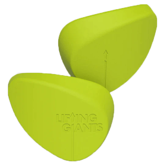 A pair of lime green earplugs with the words "Lifting Giants" on them, designed to provide Lineout Lifting Supports by Lifting Giants and promote a natural hand position.