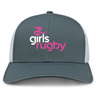 The Girls Rugby Retro Trucker Cap by EMB S&S Activewear features gray and white panels, "girls rugby" in white and pink, a pink rugby player graphic on front, and an adjustable snapback closure for a comfortable fit.