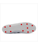 The image shows the underside of a New Balance Wide 442 v2 Pro Synthetic FG - White/Silver rugby cleat with eight red studs on the sole, designed for firm ground.