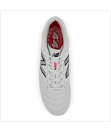 Top view of a New Balance 442 v2 Pro Synthetic FG rugby cleat in white with silver accents and "442" written in red on the tongue, designed for firm ground play.