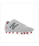 A single white New Balance Wide 442 v2 Pro Synthetic FG soccer cleat with silver accents, featuring a red-studded sole and designed for firm ground.