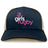 The Girls Rugby Retro Trucker Cap by EMB S&S Activewear features a navy and white design with “girls rugby” and a pink and white athlete logo embroidered on the front, plus a classic snapback closure.