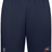 Navy blue athletic shorts with a drawstring waist and moisture-wicking technology, featuring a 'Herriman High School Coolcore Pocketed Gym Short' logo and a monogrammed 'h' on the left leg.