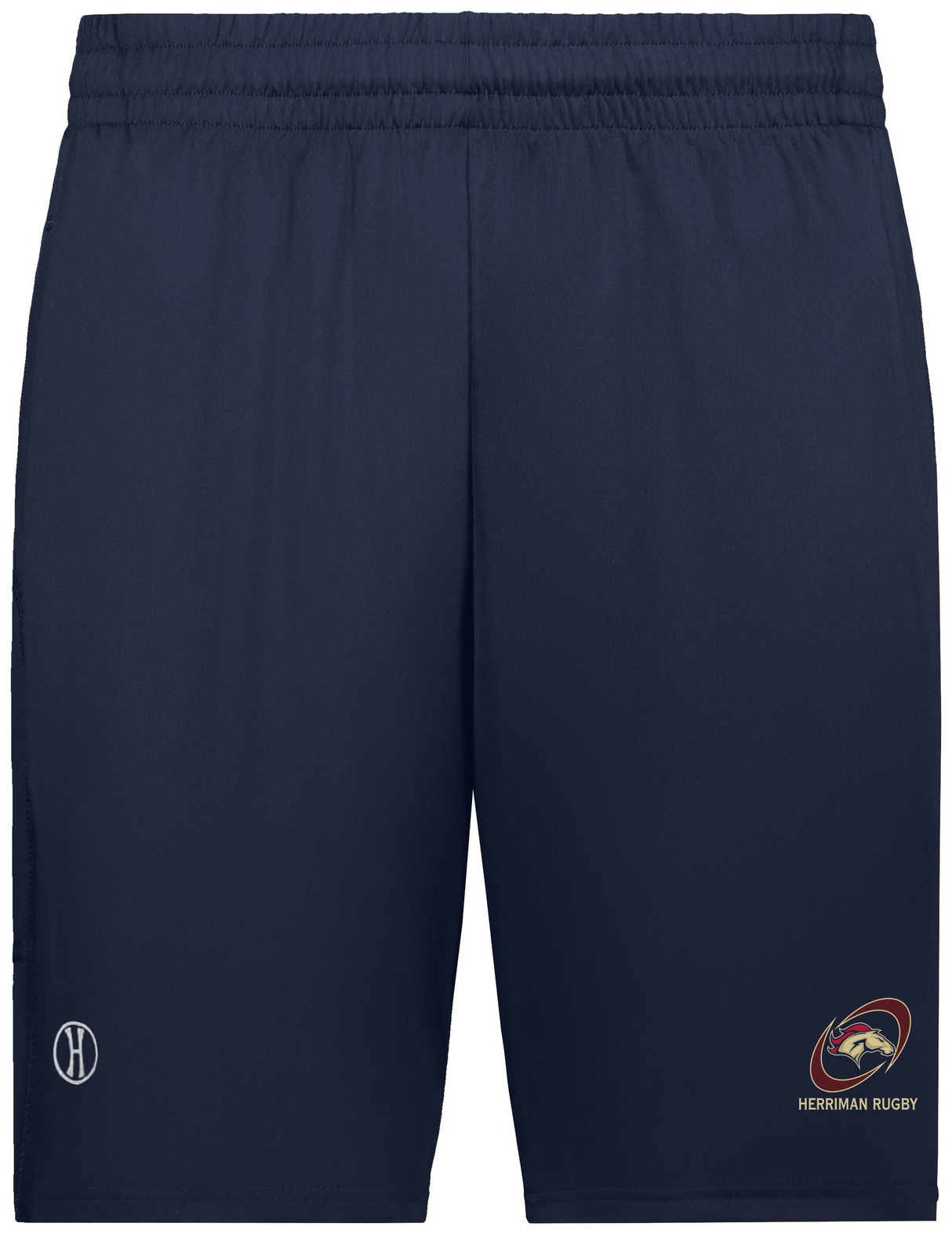 Navy blue athletic shorts with a drawstring waist and moisture-wicking technology, featuring a 'Herriman High School Coolcore Pocketed Gym Short' logo and a monogrammed 'h' on the left leg.