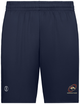 Navy blue athletic shorts with a drawstring waist and moisture-wicking technology, featuring a 'Herriman High School Coolcore Pocketed Gym Short' logo and a monogrammed 'h' on the left leg.