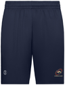 Navy blue athletic shorts with a drawstring waist and moisture-wicking technology, featuring a 'Herriman High School Coolcore Pocketed Gym Short' logo and a monogrammed 'h' on the left leg.