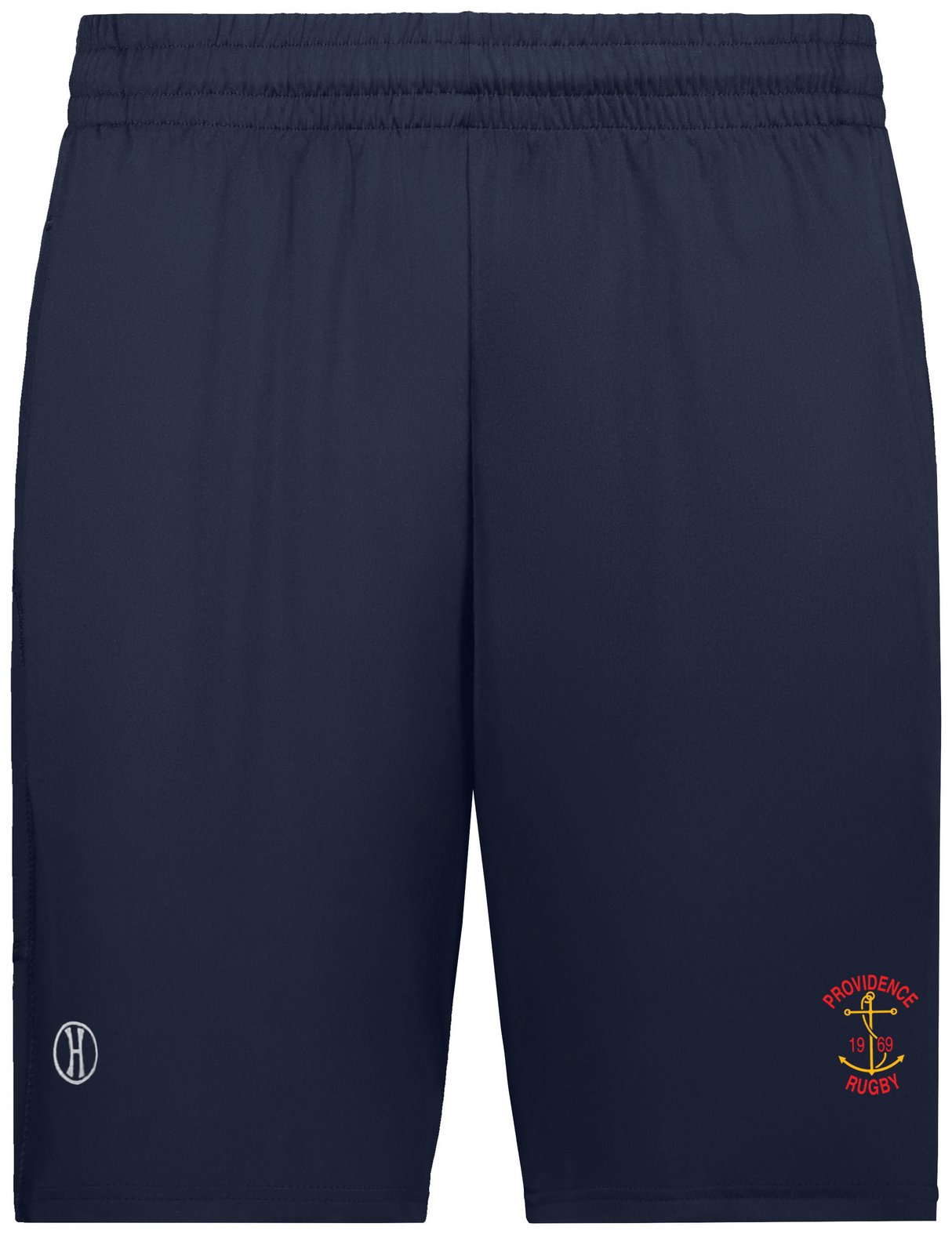 The WRS Augusta men's navy Rhode Island Rugby Club Coolcore Pocketed Gym Short with the logo on the side.