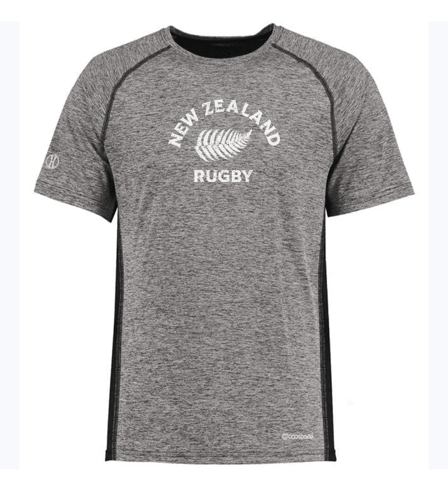 A grey shirt with white text featuring Coolcore® technology, the Nations of Rugby New Zealand Rugby Electrify Training Tee by WRS Augusta.