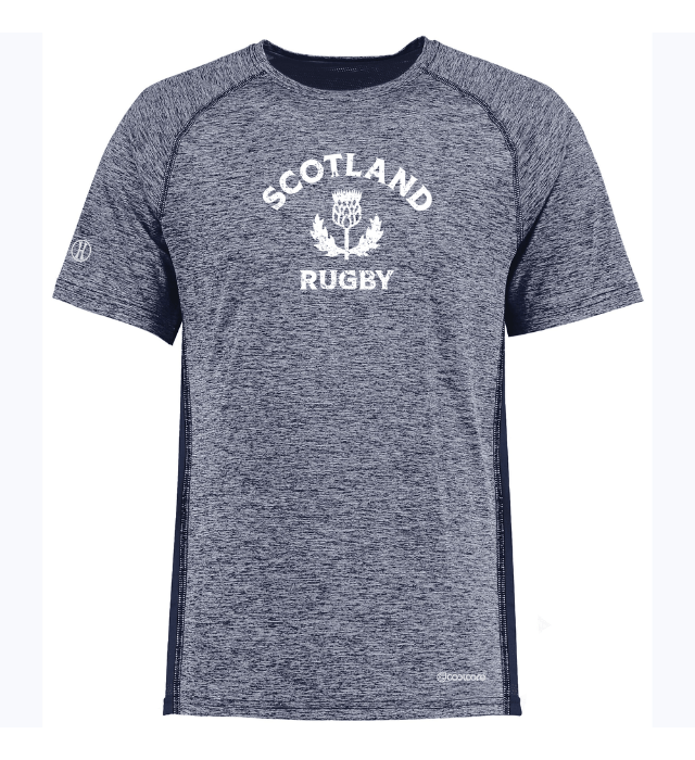 The Nations of Rugby Scotland Rugby Electrify Training Tee, featuring Coolcore technology, is a modern grey shirt with eye-catching white text.