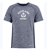 The Nations of Rugby Scotland Rugby Electrify Training Tee, featuring Coolcore technology, is a modern grey shirt with eye-catching white text.