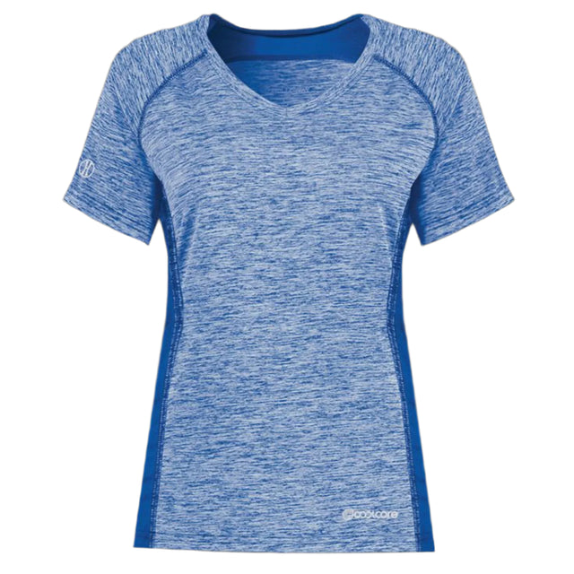 An Augusta Sportswear Women's Electrify Coolcore Rugby Training T-shirt with a V-neck and short sleeves.