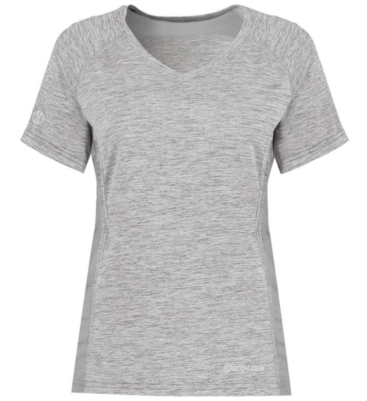 An Augusta Sportswear Women's Electrify Coolcore Rugby Training T-shirt with a v-neck and short sleeves in gray.