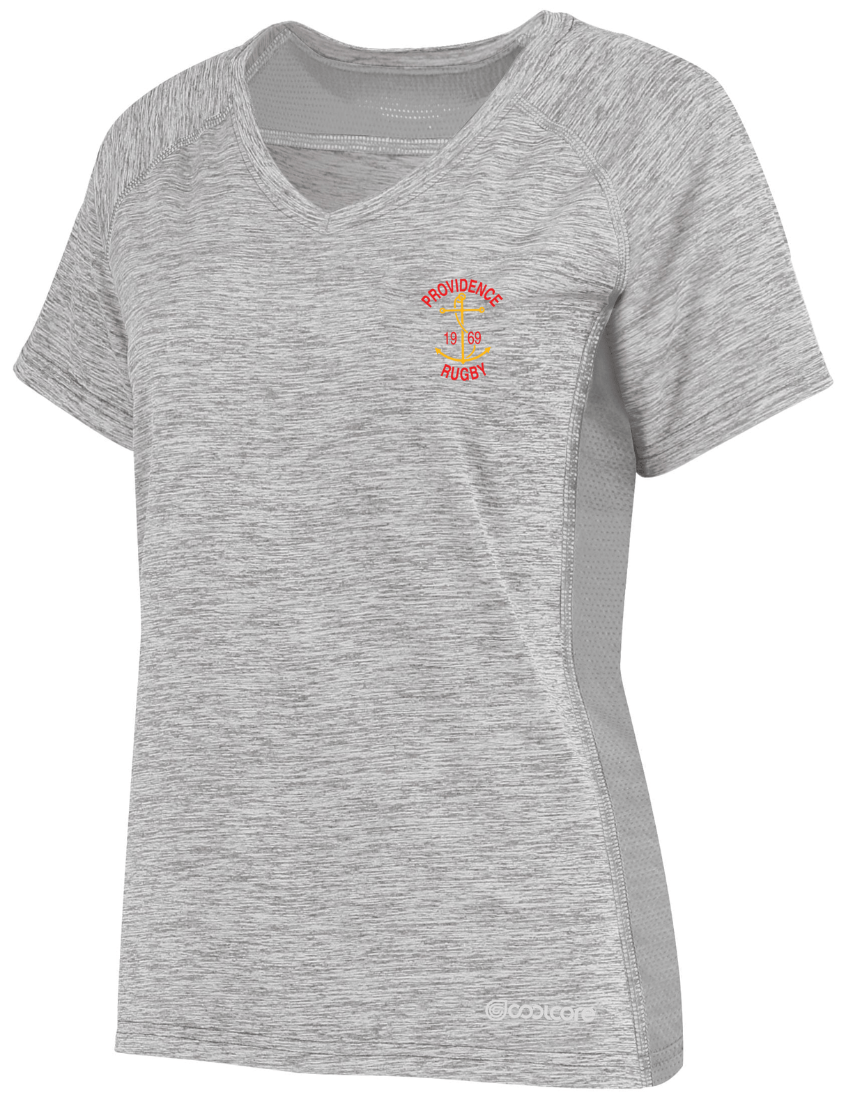 A women's Rhode Island Rugby Club Women's Electrify Coolcore Training Tee v - neck t - shirt by WRS Augusta.