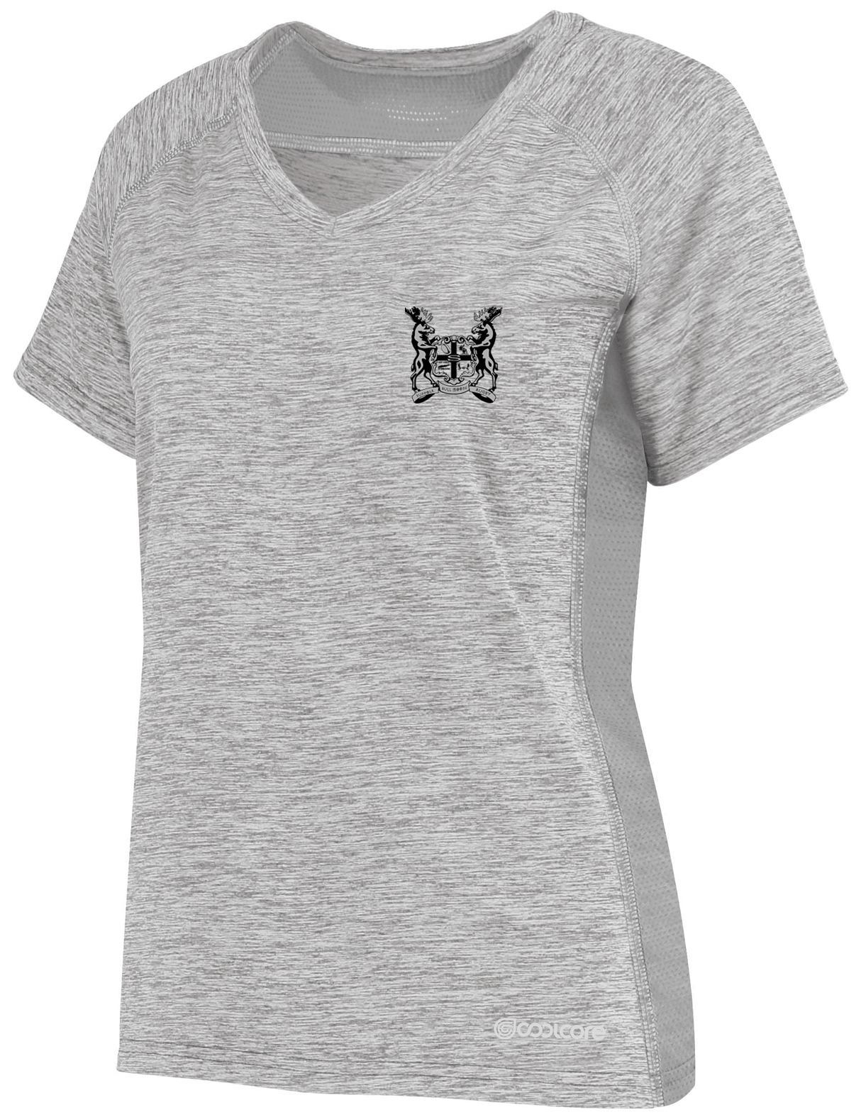 A Suffolk Bull Moose Rugby Women's Electrify Coolcore Training Tee with an image of a butterfly, manufactured by WRS Augusta.