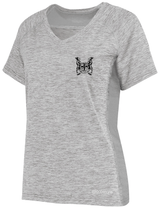 A Suffolk Bull Moose Rugby Women's Electrify Coolcore Training Tee with an image of a butterfly, manufactured by WRS Augusta.