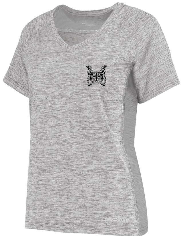 A Suffolk Bull Moose Rugby Women's Electrify Coolcore Training Tee with an image of a butterfly, manufactured by WRS Augusta.