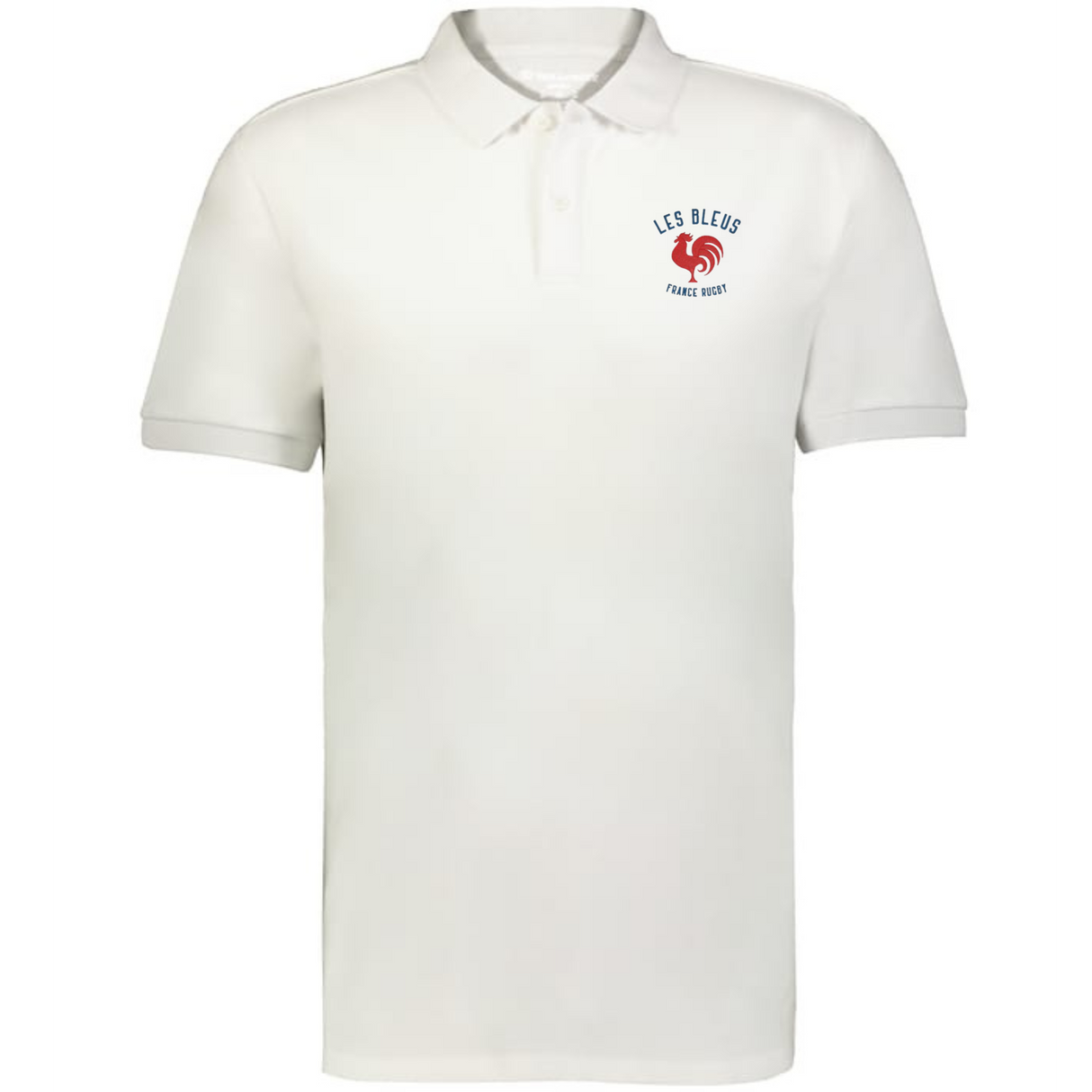 The EMB Augusta Nations of Rugby Les Bleus Vintage Polo is a white short-sleeved shirt with the "Les Bleus France Rugby" logo and rooster emblem on the left chest, inspired by classic vintage rugby shirt style.