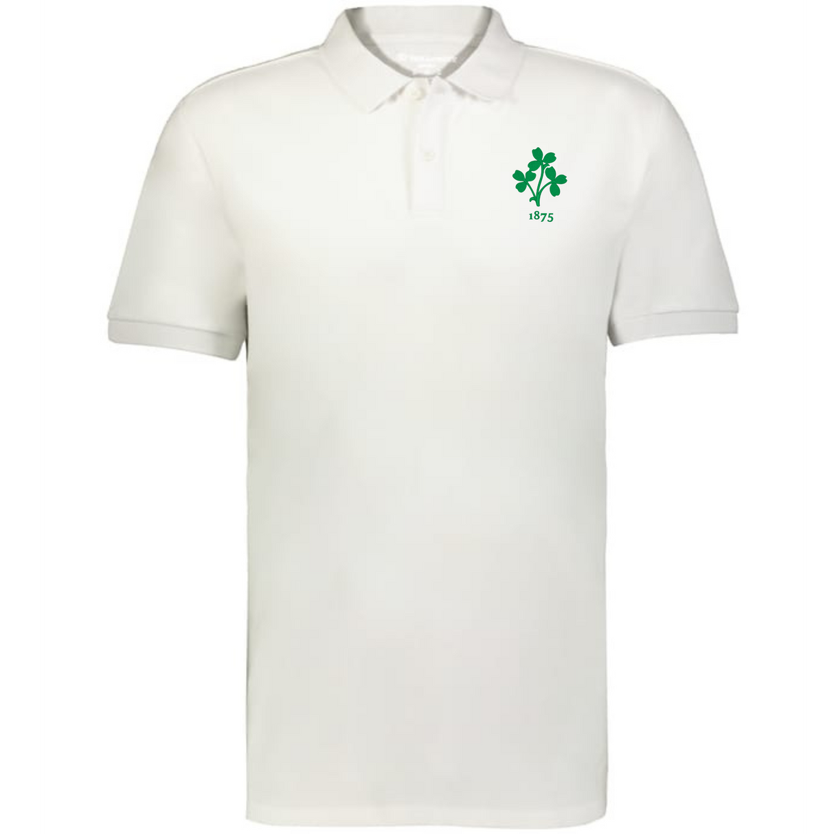 The EMB Augusta Nations of Rugby Ireland Vintage Polo is a classic white cotton pique polo featuring a green emblem and "1875" on the left chest.