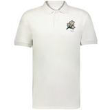 The EMB Augusta Nations of Rugby Japan Vintage Polo is a white cotton rugby polo with a small embroidered purple and yellow floral design and "1932" on the left chest, offering vintage rugby shirt appeal.