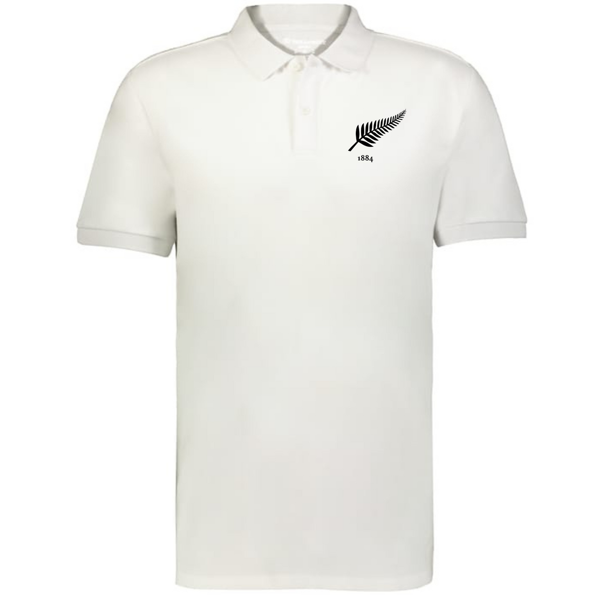 The EMB Augusta Nations of Rugby New Zealand Vintage Polo is a white cotton polo with a black fern leaf and "1884" on the left chest, inspired by classic rugby shirts.