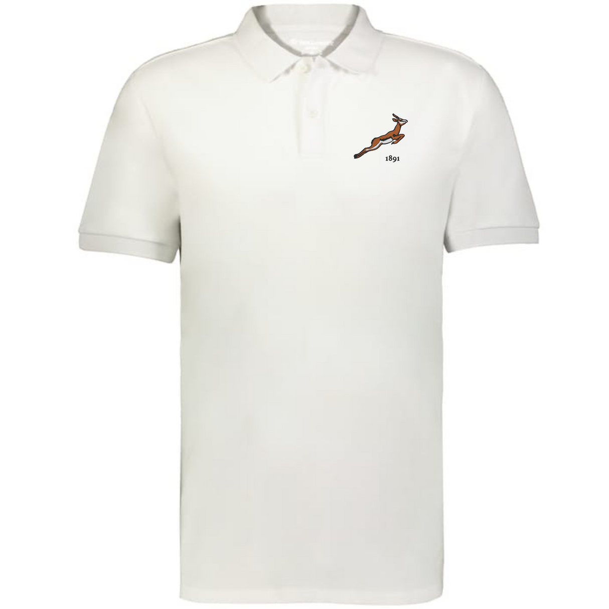 The Nations of Rugby South Africa Vintage Polo by EMB Augusta is a classic white cotton pique polo with a small brown leaping antelope logo and “ibex” text on the left chest, inspired by vintage rugby shirt styles.