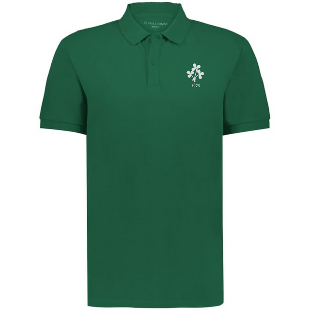 The EMB Augusta Nations of Rugby Ireland Vintage Polo is a green cotton pique shirt featuring a small white clover and "1975" on the left chest, inspired by classic Irish rugby polo style.