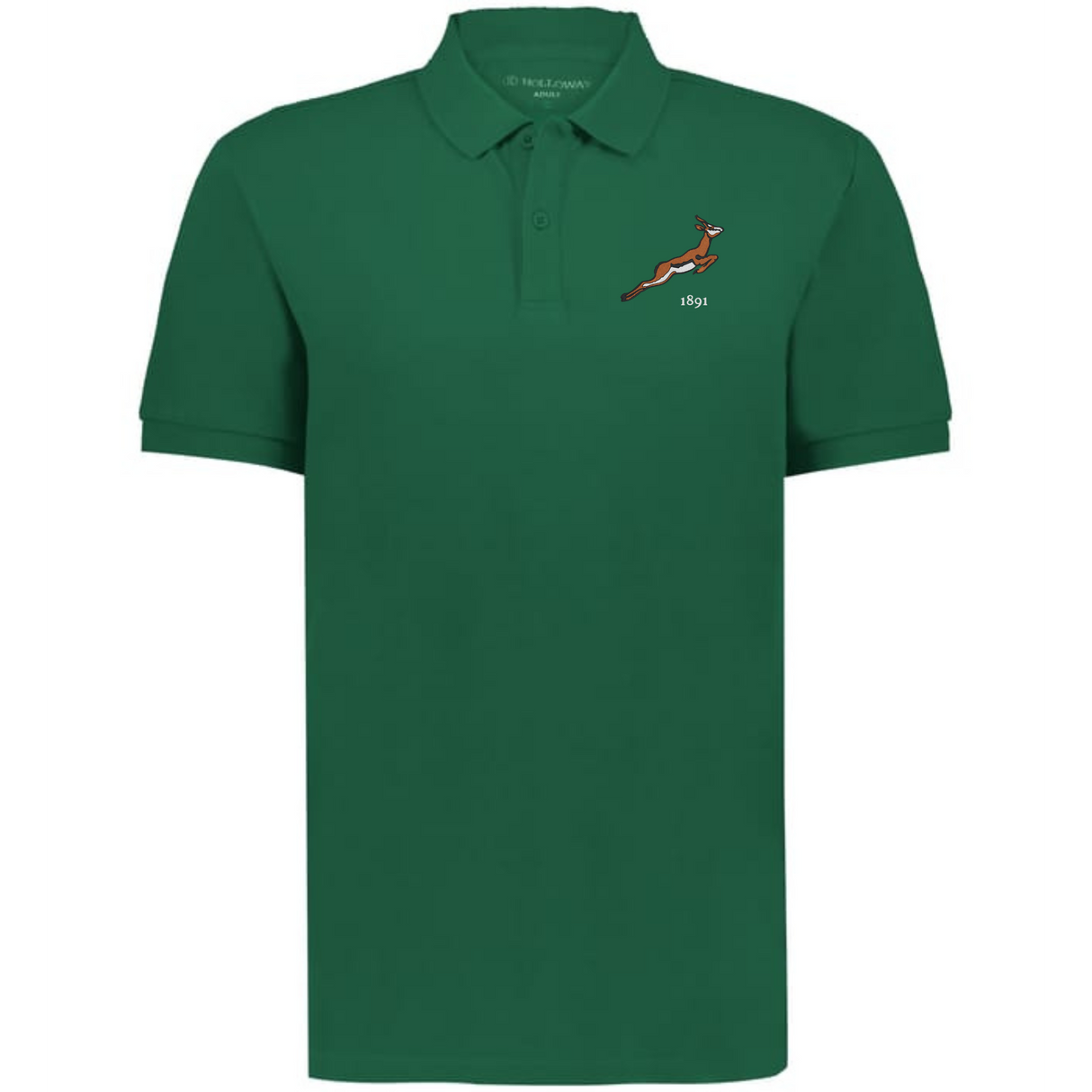 The EMB Augusta Nations of Rugby South Africa Vintage Polo is a green cotton pique polo with a small springbok and "1891" embroidered on the left chest, inspired by classic South African rugby style.