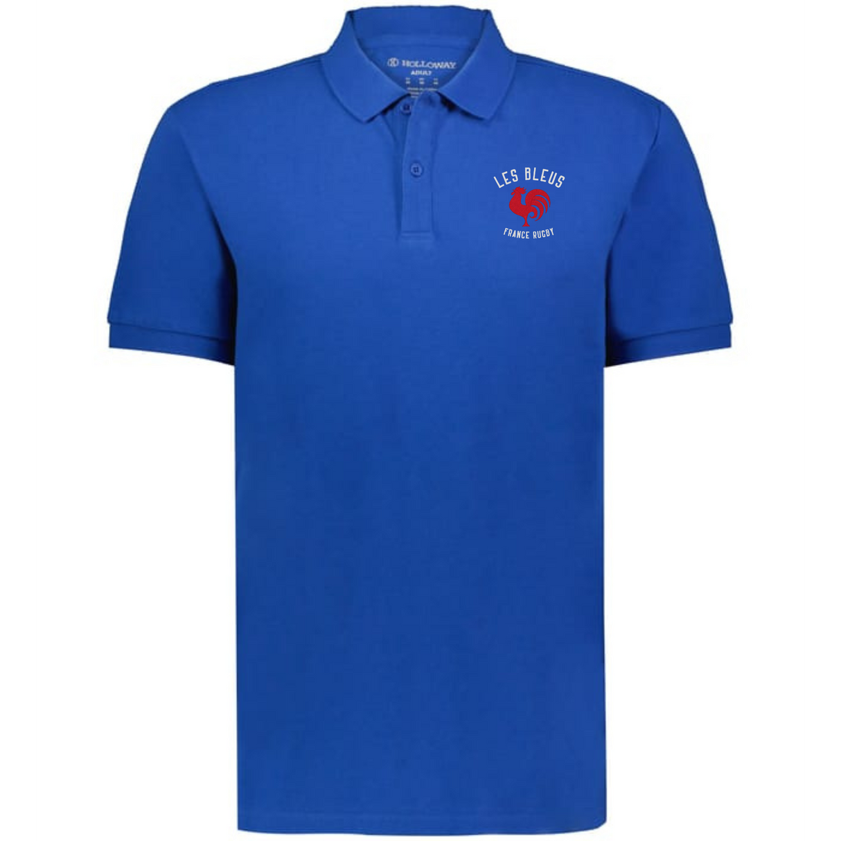 The EMB Augusta Nations of Rugby Les Bleus Vintage Polo is a blue short-sleeve shirt with "LES BLEUS FRANCE RUGBY" and a red rooster logo on the left chest—ideal for fans wanting a classic rugby style.