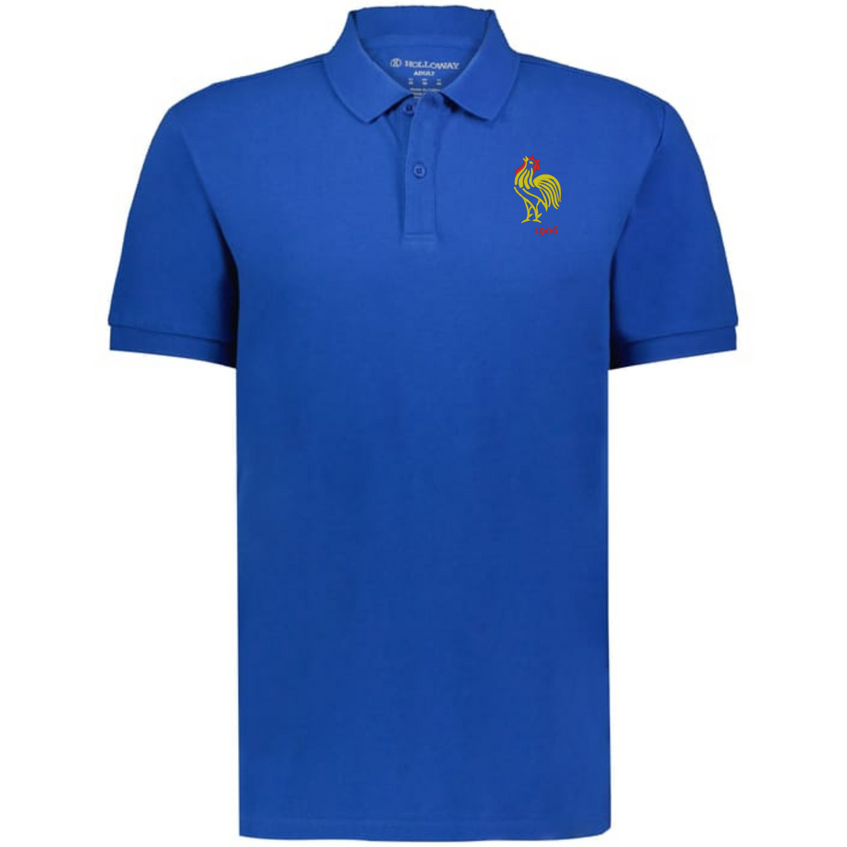 The EMB Augusta Nations of Rugby France Vintage Polo is a blue short-sleeve cotton polo featuring a small yellow embroidered rooster logo on the left chest, inspired by classic French rugby style.