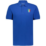 The EMB Augusta Nations of Rugby Italy Vintage Polo is a blue, short-sleeved cotton pique polo with a collar, buttons, an “Italia” crest, and 1919 on the left chest—evoking classic Italy rugby style.
