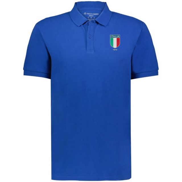 The EMB Augusta Nations of Rugby Italy Vintage Polo is a blue, short-sleeved cotton pique polo with a collar, buttons, an “Italia” crest, and 1919 on the left chest—evoking classic Italy rugby style.