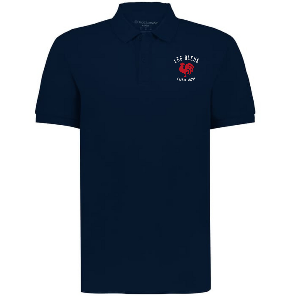 The EMB Augusta Nations of Rugby Les Bleus Vintage Polo features a navy blue design with a small "LES BLEUS" logo, rooster emblem, and "FRANCE RUGBY" text on the left chest—a timeless tribute to classic rugby style.