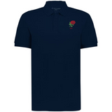 The EMB Augusta Nations of Rugby England Vintage Polo is a navy blue cotton rugby shirt featuring a small red rose and "1971" embroidered on the upper left chest, inspired by classic rugby styles.