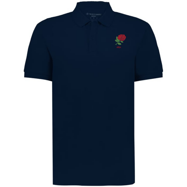 The EMB Augusta Nations of Rugby England Vintage Polo is a navy blue cotton rugby shirt featuring a small red rose and "1971" embroidered on the upper left chest, inspired by classic rugby styles.