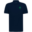 The EMB Augusta Nations of Rugby Ireland Vintage Polo is a navy blue cotton pique shirt featuring a green clover and "1875" printed on the left chest, inspired by classic Irish rugby polos.