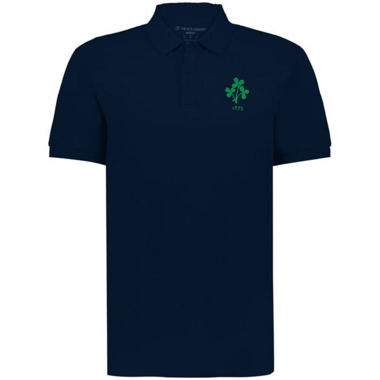 The EMB Augusta Nations of Rugby Ireland Vintage Polo is a navy blue cotton pique shirt featuring a green clover and "1875" printed on the left chest, inspired by classic Irish rugby polos.