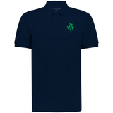 The EMB Augusta Nations of Rugby Ireland Vintage Polo is a navy blue cotton pique shirt featuring a green clover and "1875" printed on the left chest, inspired by classic Irish rugby polos.