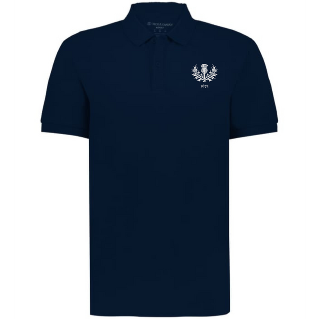 The EMB Augusta Nations of Rugby Scotland Vintage Polo is a navy shirt featuring a white embroidered crest and "1871" on the left chest, inspired by classic Scottish rugby style.