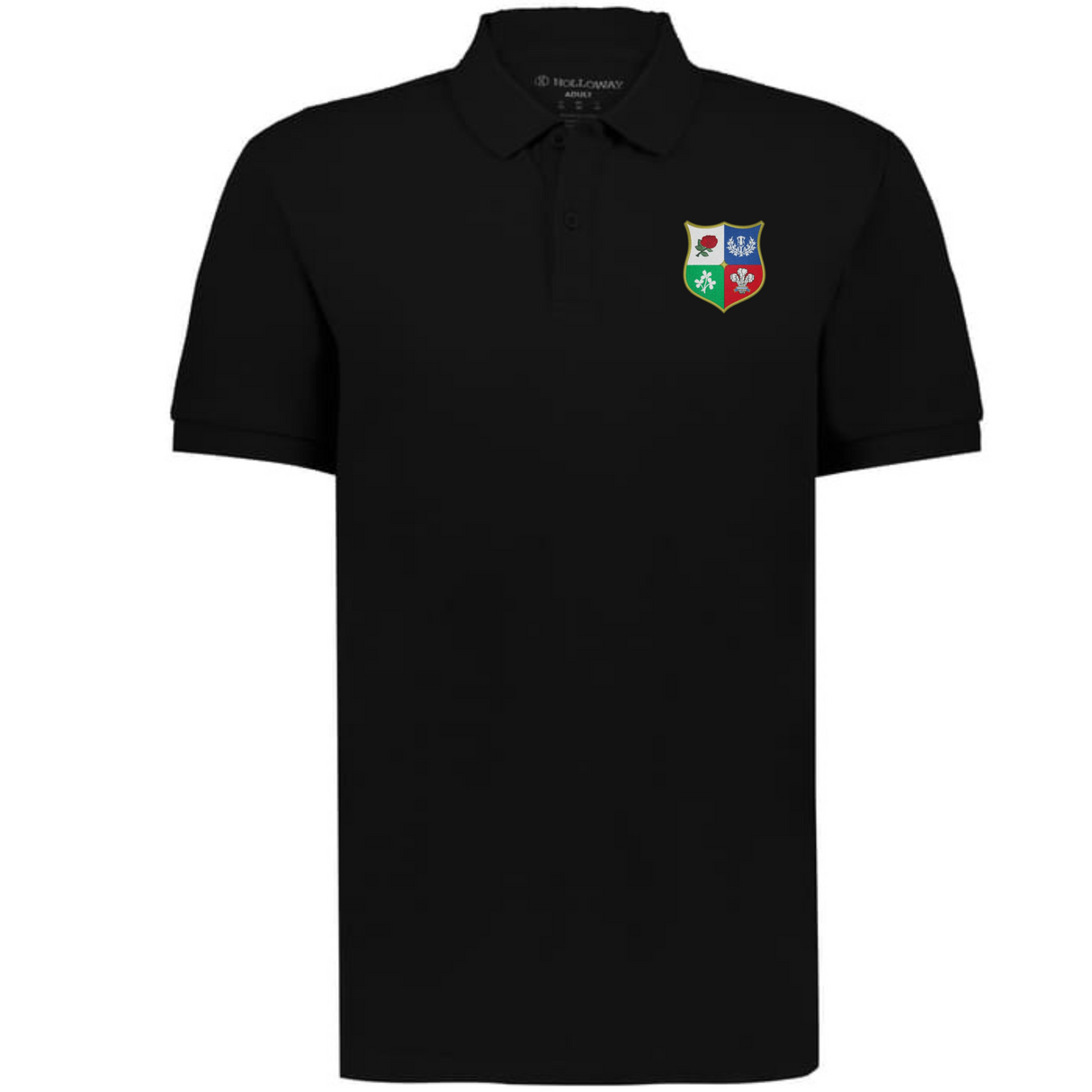 The EMB Augusta Nations of Rugby British & Irish Lions Vintage Polo is a black polo featuring a small multicolored four-symbol crest on the left chest, inspired by classic rugby heritage.