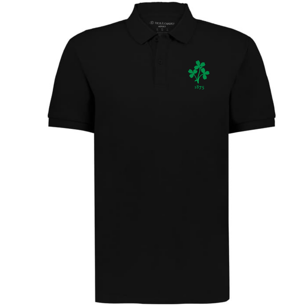 The EMB Augusta Nations of Rugby Ireland Vintage Polo is a black cotton pique shirt with a green four-leaf clover and "1875" on the left chest, inspired by classic Irish rugby styles.