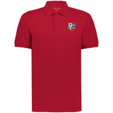 The EMB Augusta Nations of Rugby British & Irish Lions Vintage Polo is a plain red shirt with a multicolored crest featuring four symbols on the left chest.