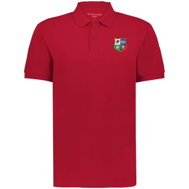 The EMB Augusta Nations of Rugby British & Irish Lions Vintage Polo is a plain red shirt with a multicolored crest featuring four symbols on the left chest.