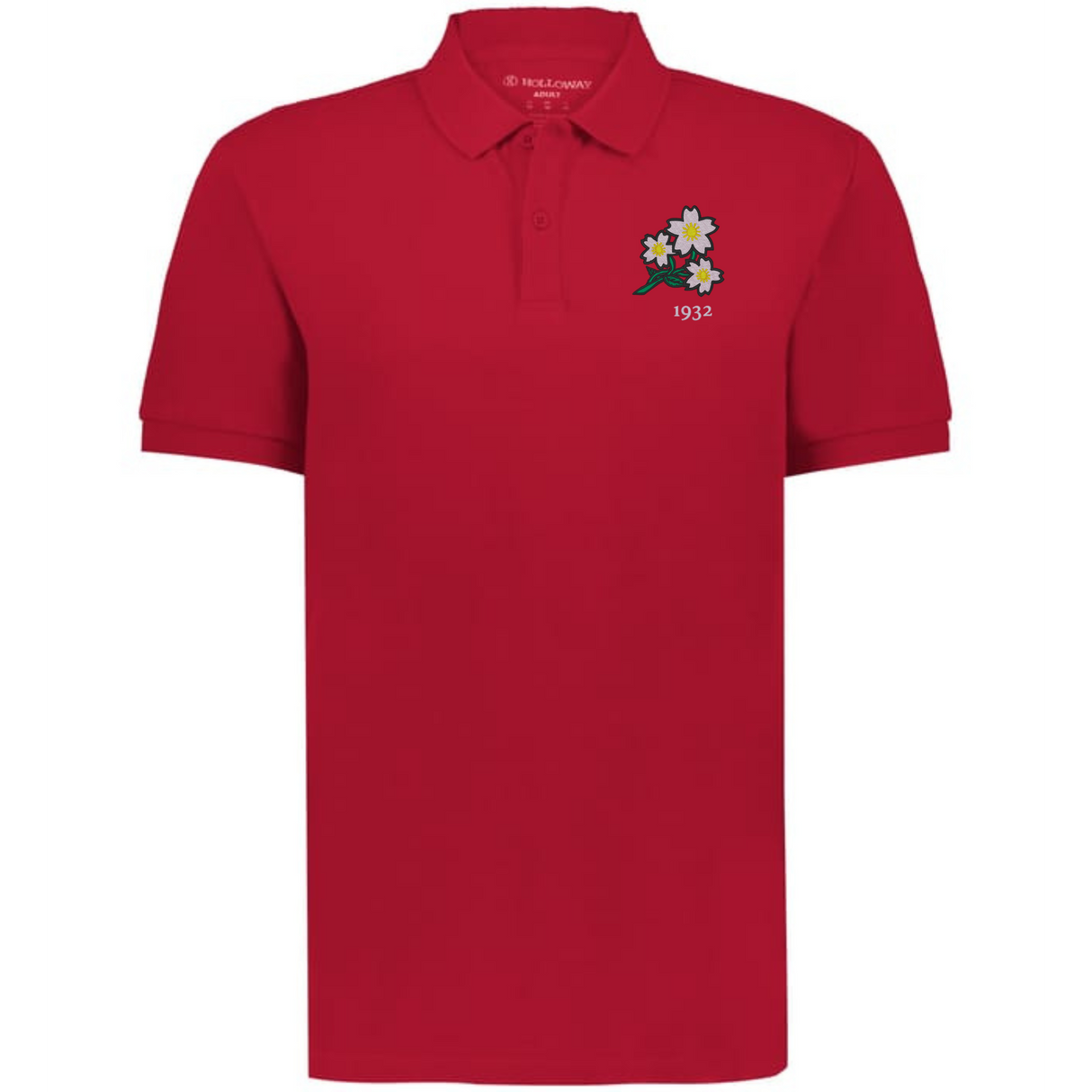 The EMB Augusta Nations of Rugby Japan Vintage Polo is a red cotton shirt featuring a small floral embroidery and "1932" on the left chest, inspired by classic rugby styles.