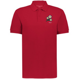 The EMB Augusta Nations of Rugby Japan Vintage Polo is a red cotton shirt featuring a small floral embroidery and "1932" on the left chest, inspired by classic rugby styles.