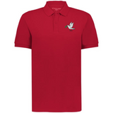 The EMB Augusta Nations of Rugby Tonga Vintage Polo is a red collared shirt inspired by vintage rugby, featuring a white dove with a green olive branch and "1954" embroidered on the left chest.